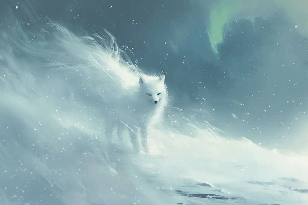 Ghostly white arctic fox standing in snowy tundra with glowing fur and ethereal atmosphere