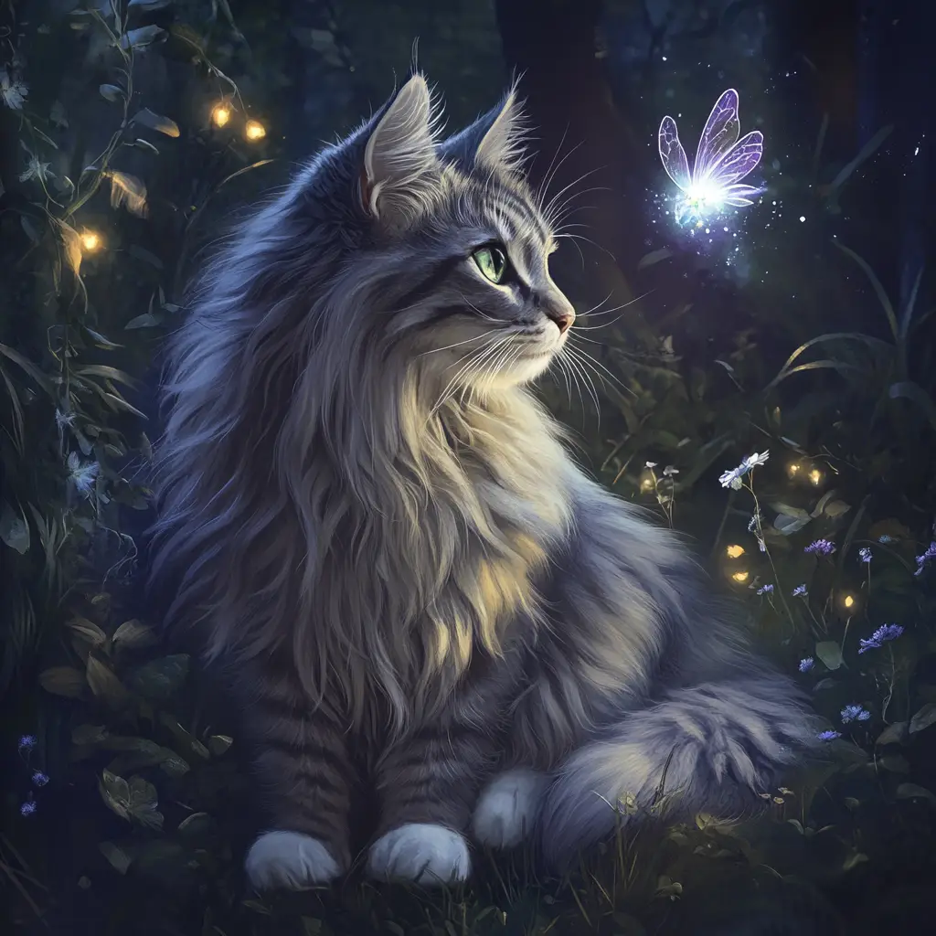 Gray long-haired cat with white paws sitting in a glowing forest, watching a tiny fairy flutter above a mushroom