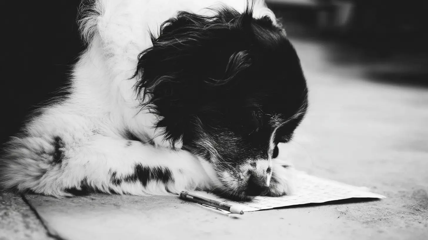 writing a story about their dog after loss, symbolizing healing through storytelling and remembrance.