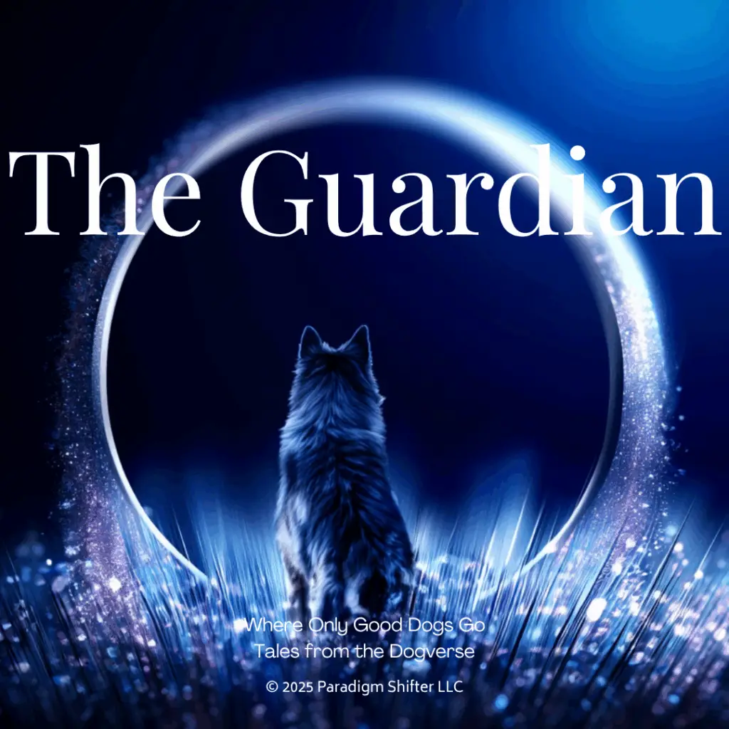 "The Guardian" dog beneath a glowing celestial portal — cinematic art from Tales from the Dogverse.