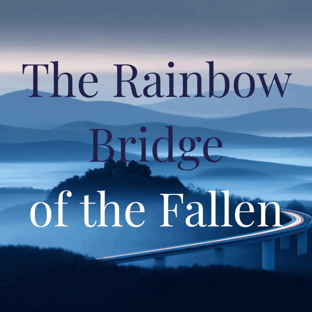 Misty sunrise over blue mountains with a faint Rainbow Bridge and glowing paw prints, symbolizing the eternal rest of military service animals.