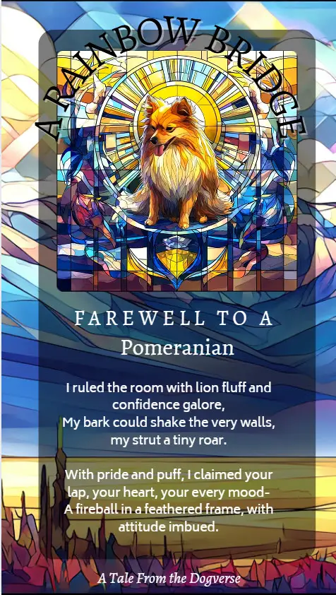 Stained-glass portrait of a Pomeranian in golden light, symbolizing courage, warmth, and everlasting love at the Rainbow Bridge.