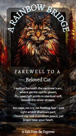 Stained-glass portrait of a cat beneath autumn leaves, symbolizing a Rainbow Bridge farewell.