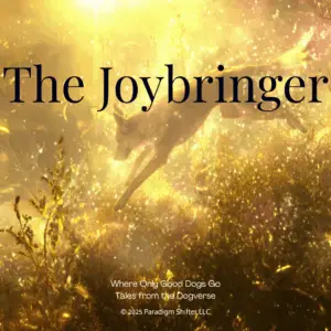Golden dog leaping through radiant light in a glowing meadow — The Joybringer, part of Tales from the Dogverse: Where Only Good Dogs Go.