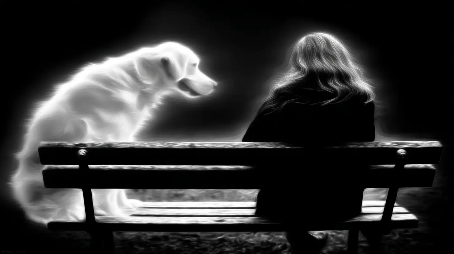 grieving woman with her ghost dog