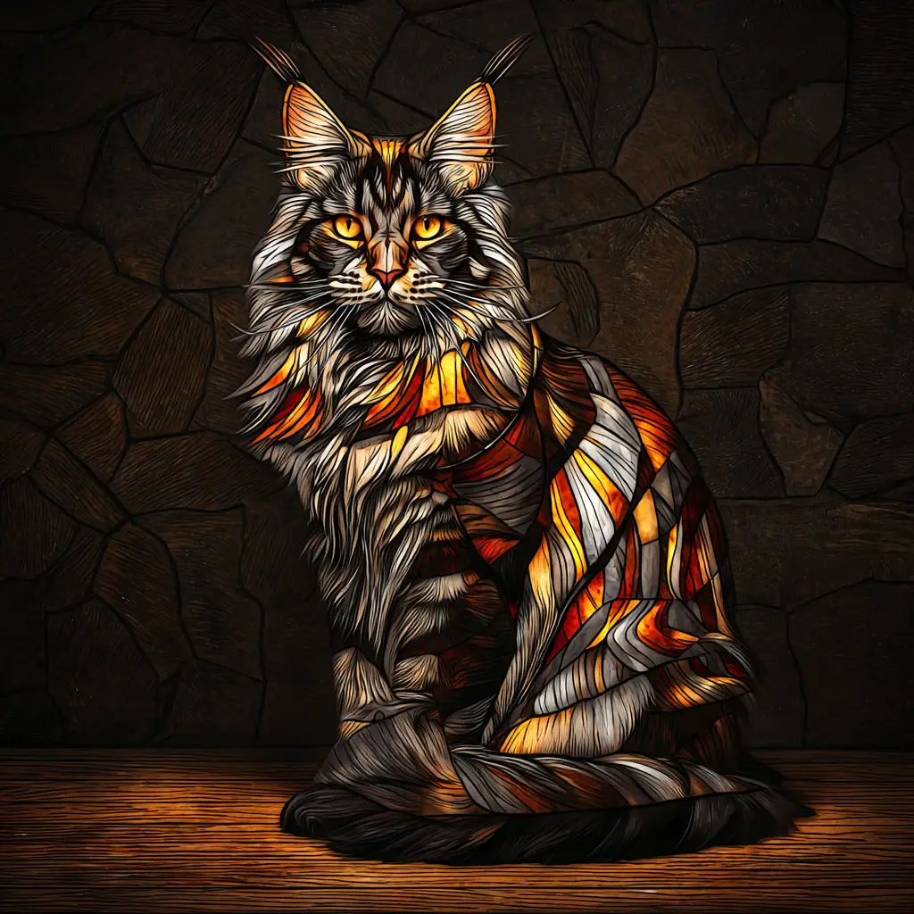 Stained glass portrait of a beloved cat with glowing amber eyes and soft rainbow light — symbolizing a Rainbow Bridge tribute.