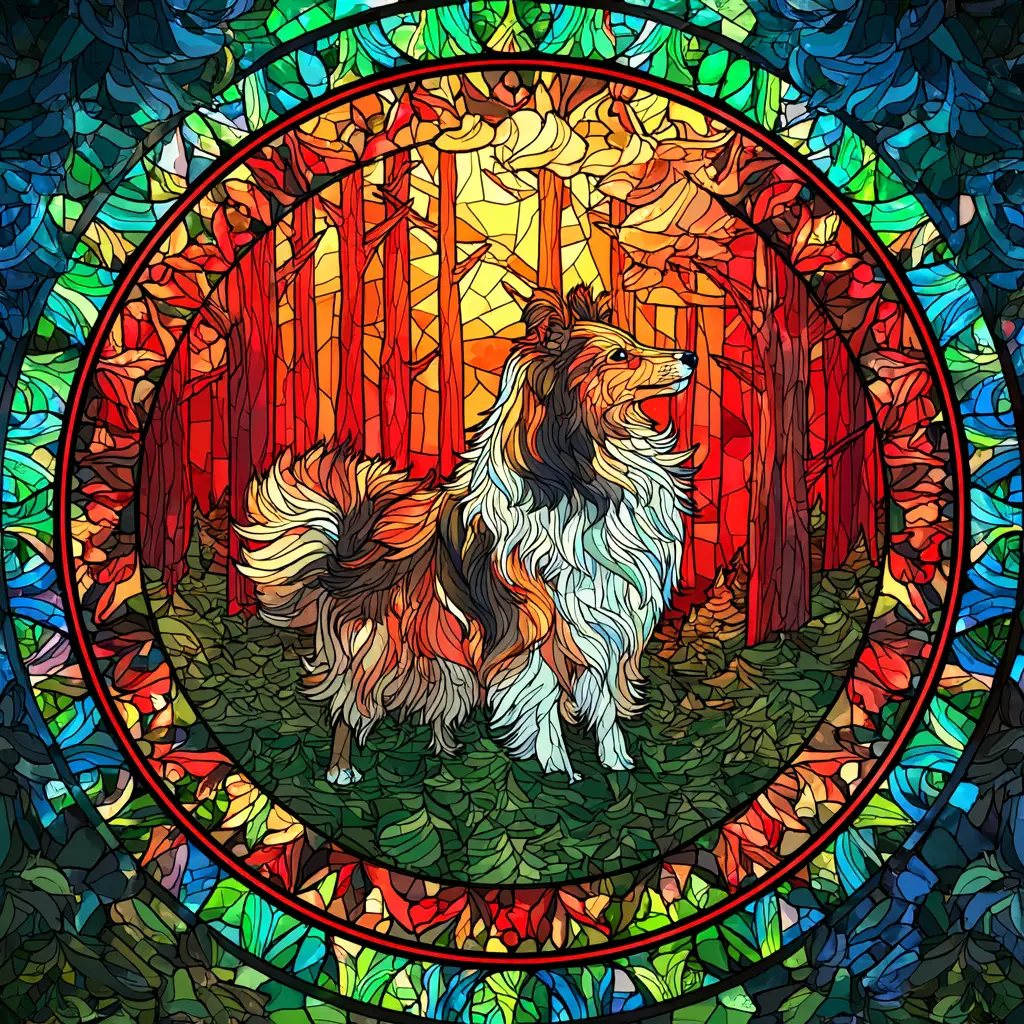 Stained-glass portrait of a Shetland Sheepdog in soft blues and golds, symbolizing devotion, wisdom, and eternal companionship at the Rainbow Bridge.