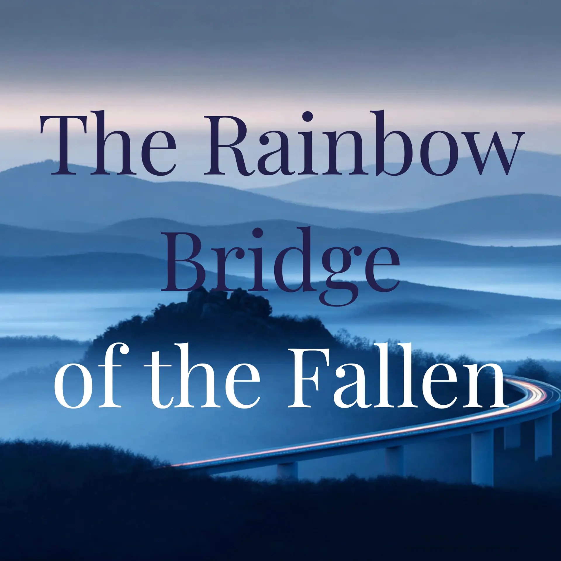 Misty sunrise over blue mountains with a faint Rainbow Bridge and glowing paw prints, symbolizing the eternal rest of military service animals.