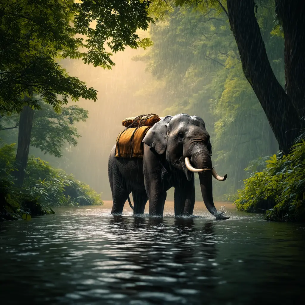 Lin Wang, the elephant who carried supplies for the Chinese Expeditionary Force during World War II, walking through jungle mist — a symbol of endurance among animals who served in war.