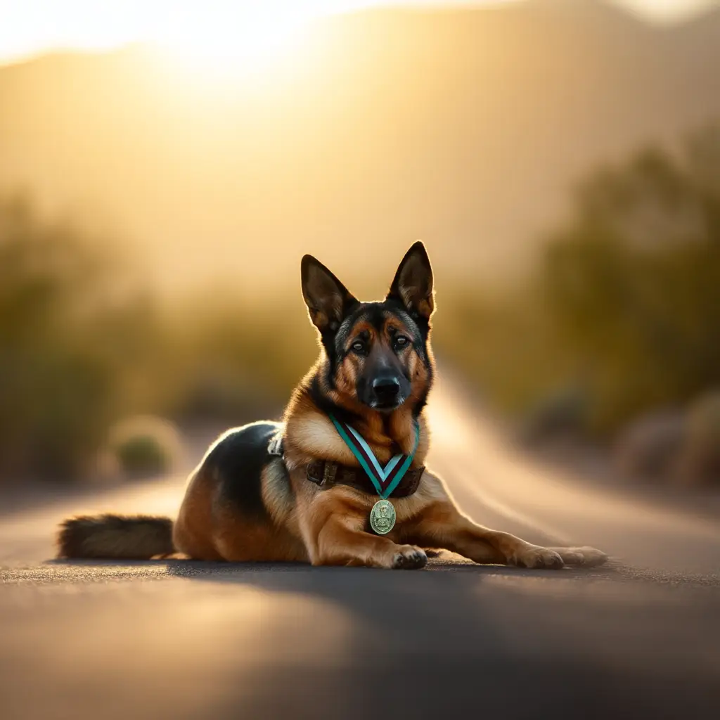 “Lucca, a Marine Corps German Shepherd who served in Iraq and Afghanistan, wearing her medal and resting on a sunlit road — a symbol of bravery and devotion among animals who served in war.