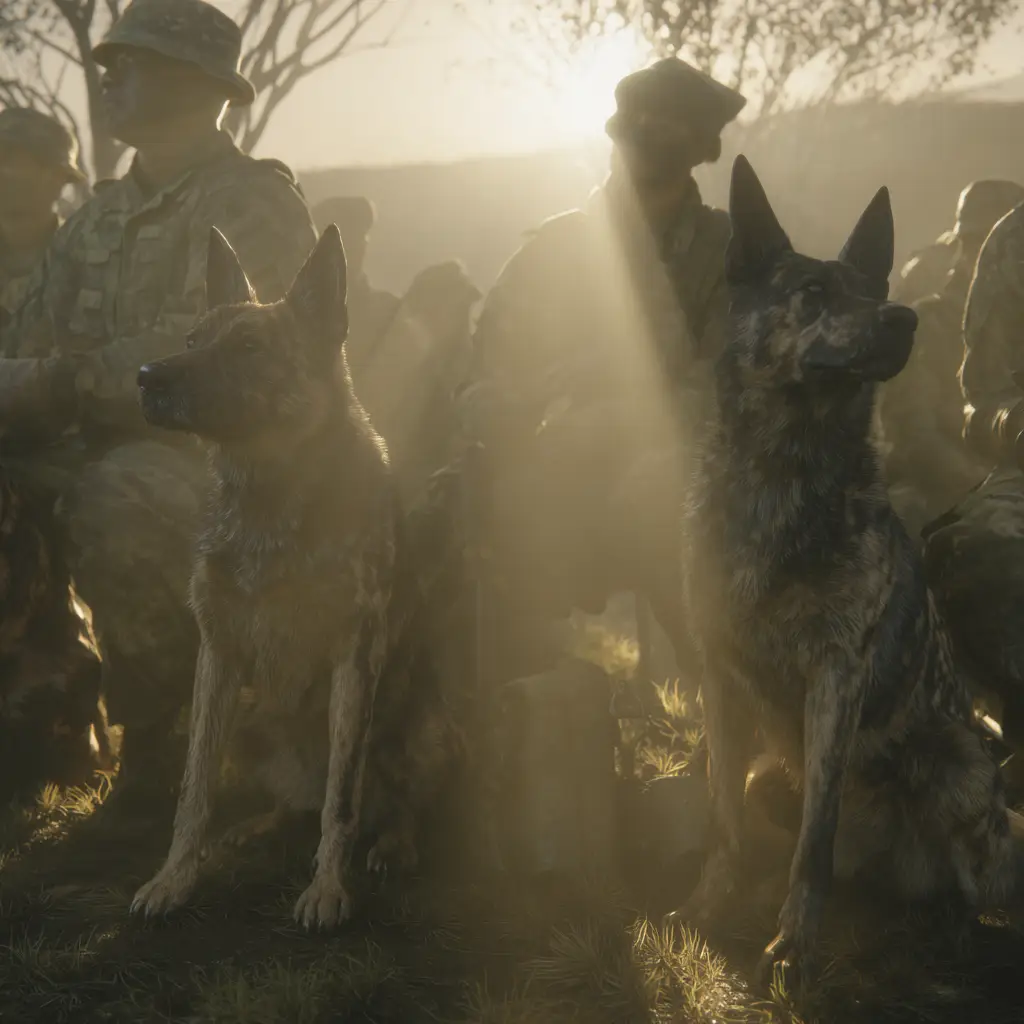 Military working dogs of different breeds sitting beside soldiers in morning light, symbolizing loyalty and courage — animals who served in war.