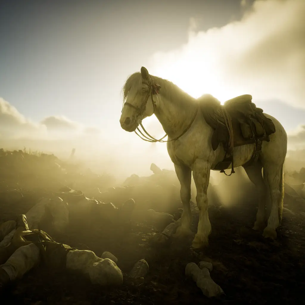 War horse standing alone on a hazy battlefield at sunrise, honoring the horses who carried soldiers through war — animals who served in war.
