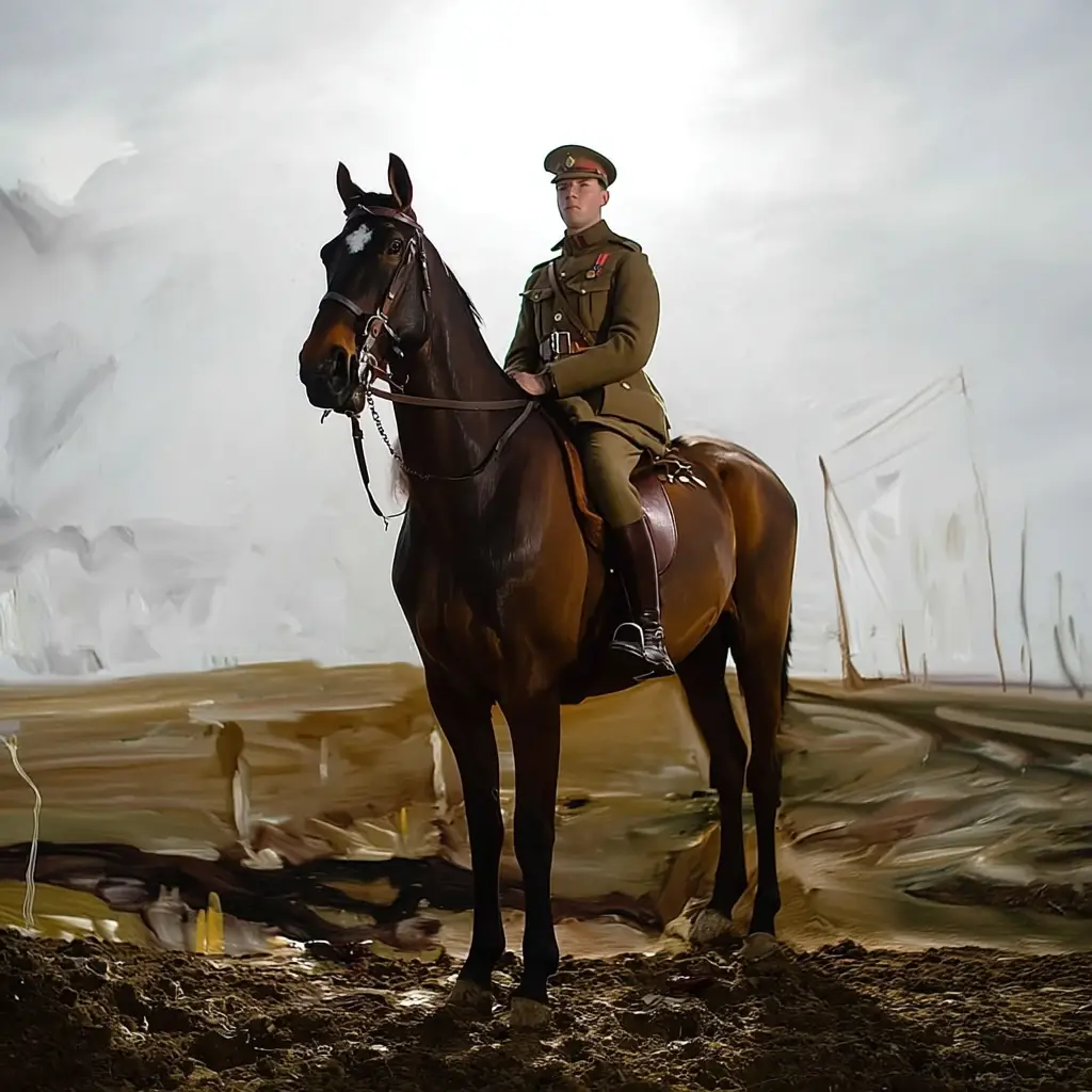 Warrior, the British war horse who served throughout World War I, standing with his rider on a muddy battlefield under a pale gray sky — a symbol of endurance and devotion among animals who served in war.