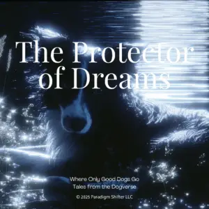 The Protector of Dreams™ — dog watching over a sleeping figure in soft light, Where Only Good Dogs Go™ Dogverse tribute by Tales from the Dogverse™
