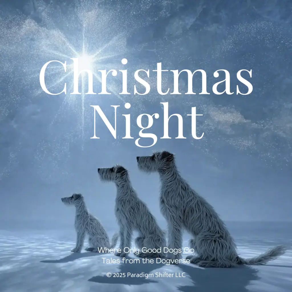 Three dogs sitting quietly in a snowy landscape, gazing upward toward a bright star in a blue night sky, with the words “Christmas Night” above them.