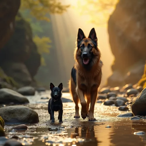 Two dogs—a tiny black rat terrier and a long-haired German shepherd—walk through a golden canyon as soft mist rises. Magical atmosphere, part of a pet adventure storybook series.