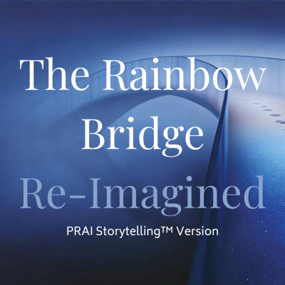 Ethereal sunrise over a glowing rainbow bridge stretching through misty blue mountains, symbolizing reunion, peace, and the eternal bond between humans and animals who served.