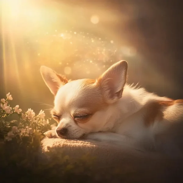 Illustration of Yoda, a small white and tan Chihuahua mix, standing at the foot of the Rainbow Bridge in a glowing, ethereal landscape.