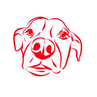 A red illustration of a lab dogs head.