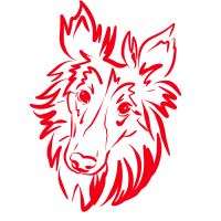 A red illustration of a shelty dogs head